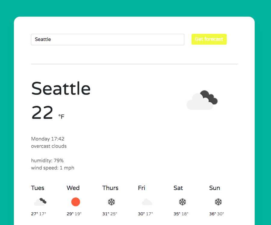 vanilla weather application coded by front-end developer kayla shovlowsky